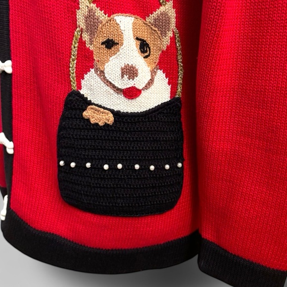 Berek 2 Sweater Womens Sz M Red Black Puppies In Pockets Dog Bones Buttons - Picture 6 of 8